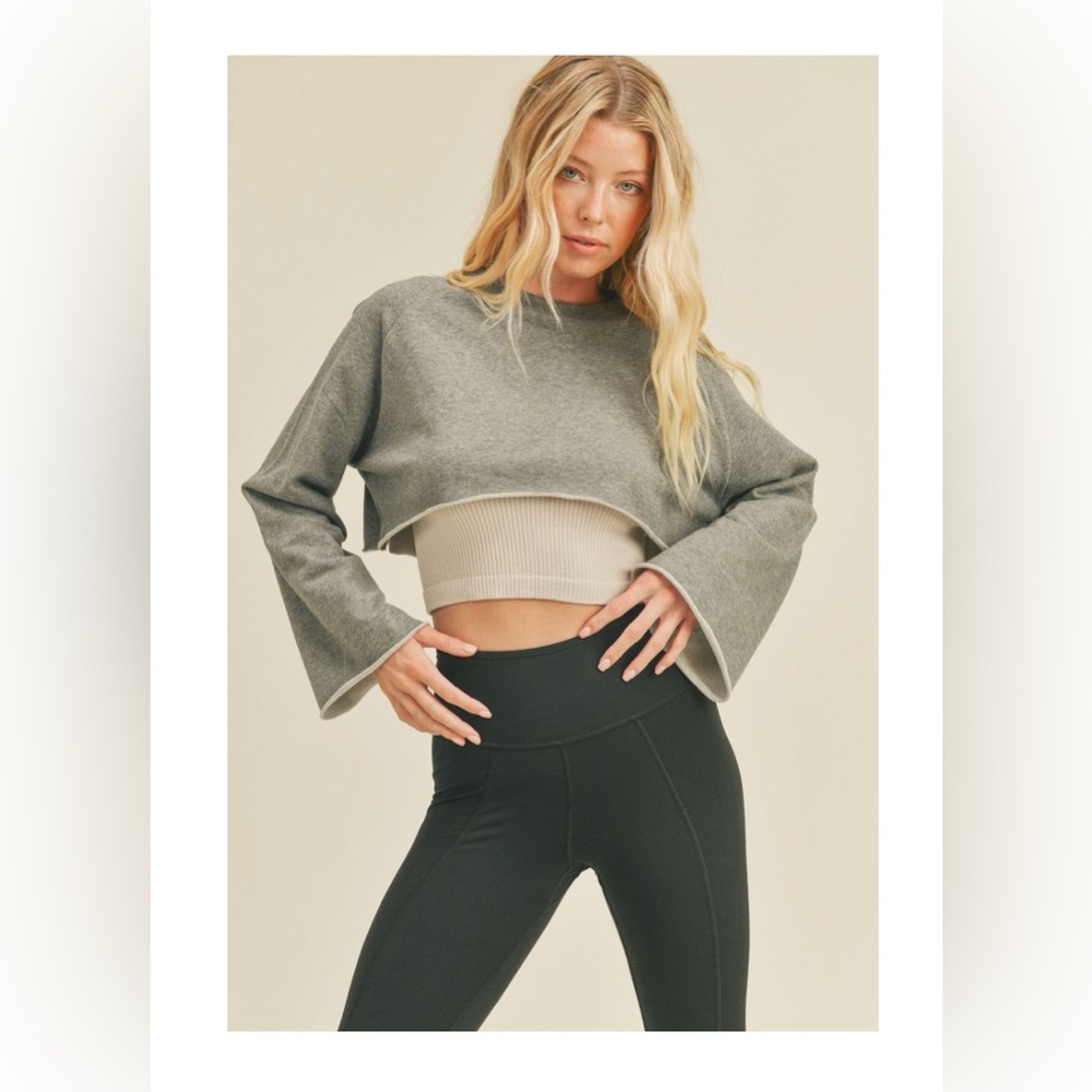 Heather Grey Cropped Crew Neck Sweatshirt with Bell Sleeves